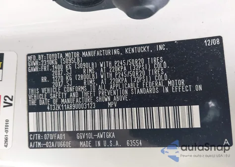 2009 Toyota Venza Base V6 из США, поврежденный, VIN 4T3ZK11A89U003123